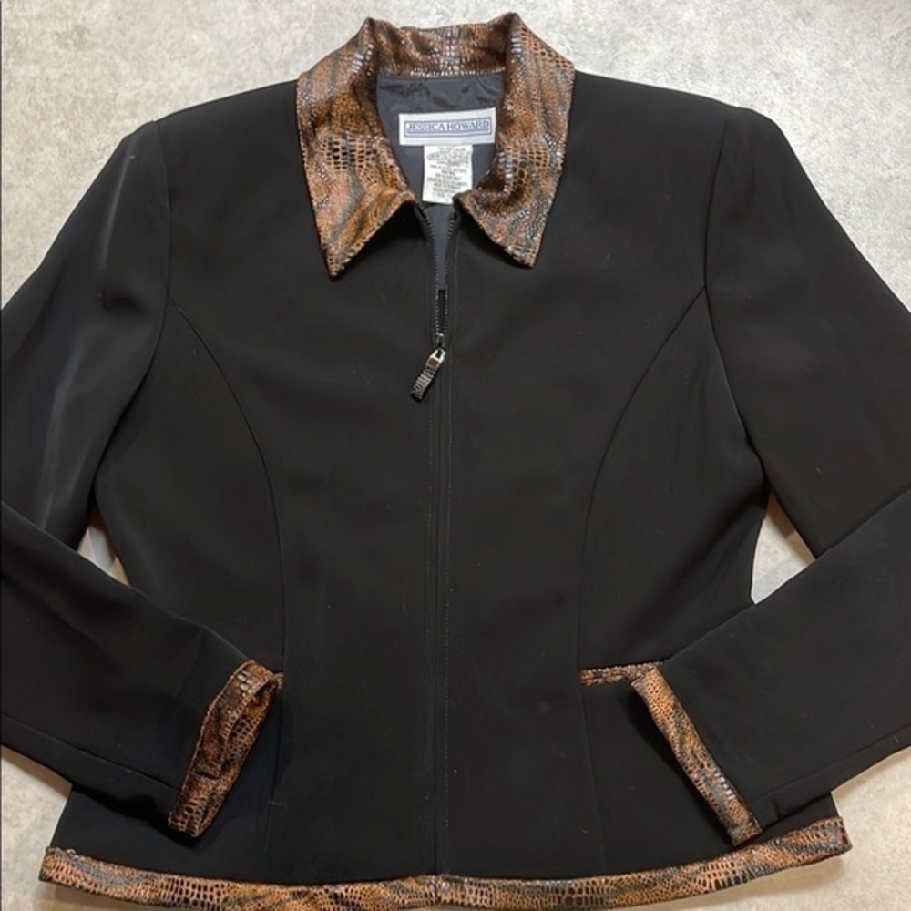 Jessica Howard Women’s Black Zip Front Blazer Animal Print Trim Sz 12